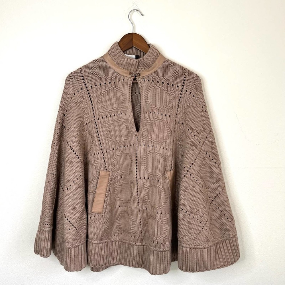 SALVATORE FERRAGAMO Tan Wool Gancini Poncho Sweater with Leather Trim M